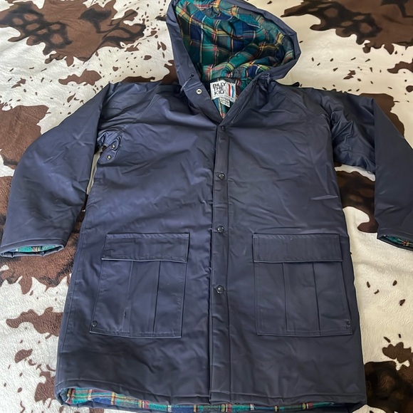 Navy rain jacket L 12 plaid flannel lining snap front retro unisex Billy the Kid - Picture 1 of 4